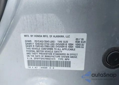 2019 Honda Pilot Ex-L from USA, damaged, VIN 5FNYF5H57KB031474